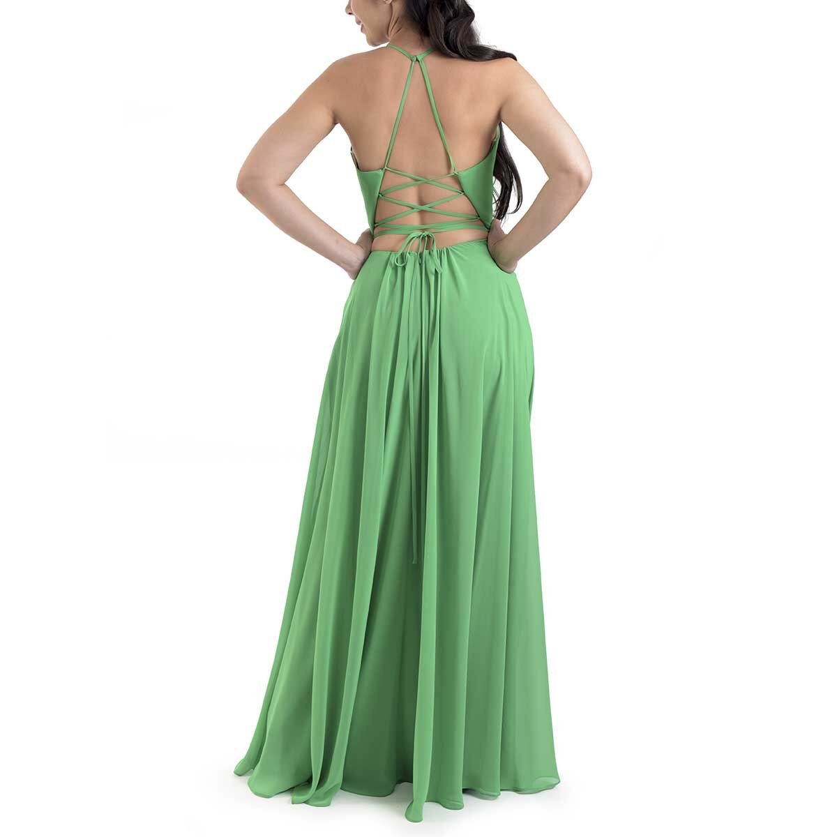 Vestido de chiffon con espalda abierta en forma de cruz y tirantes finos Verde Tallas Grandes