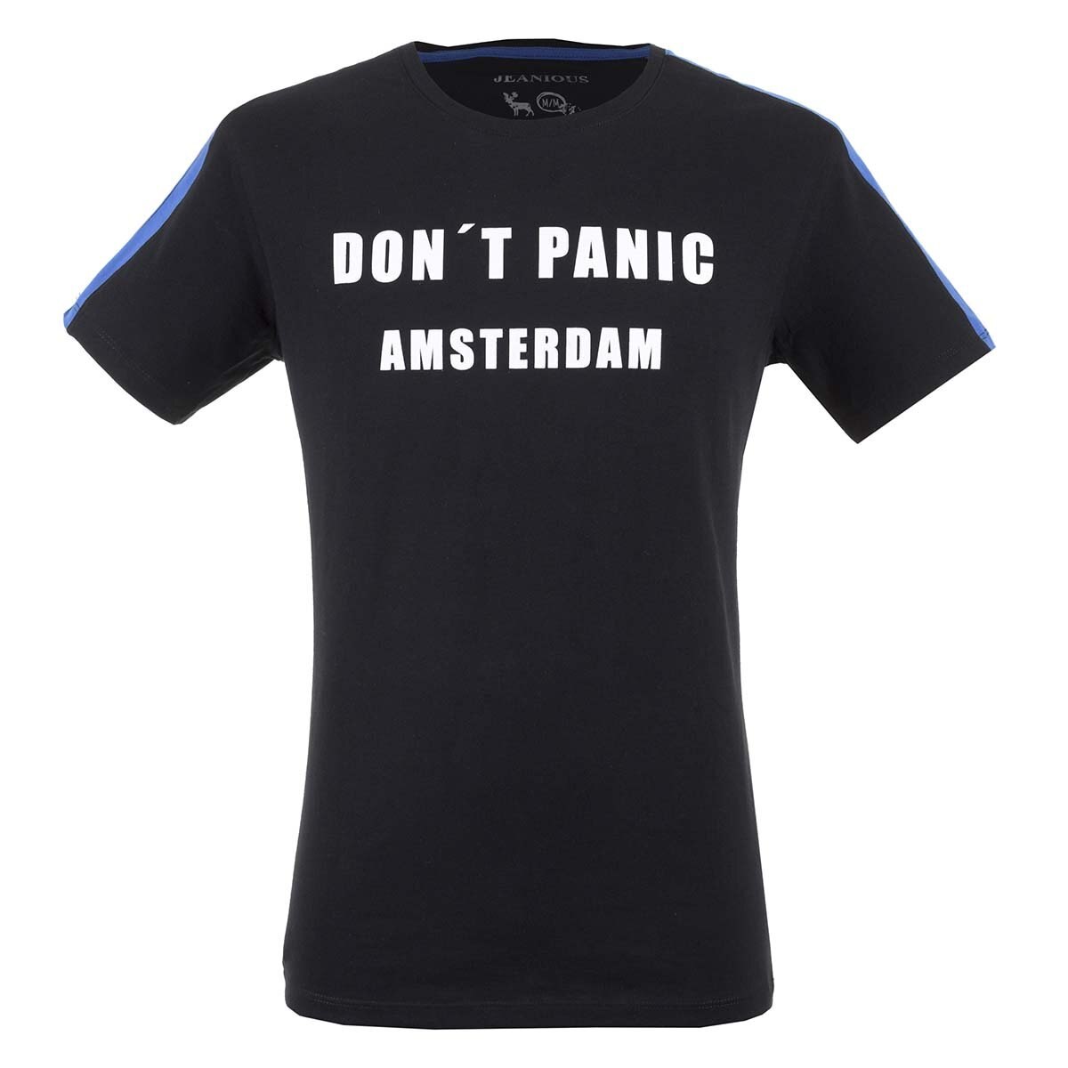 Playera Negra Manga Corta con Franjas Azules Jeanious para Caballero
