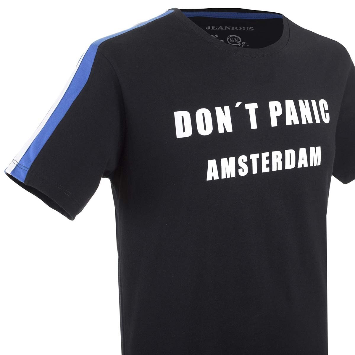 Playera Negra Manga Corta con Franjas Azules Jeanious para Caballero
