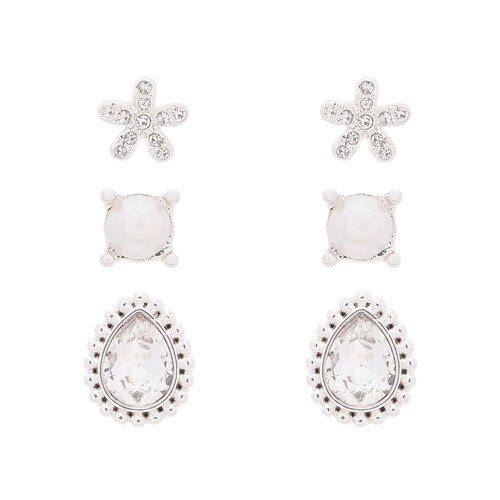 Set de 3 Aretes Plateados Tipo Botón con Cristal Color Claro Napier
