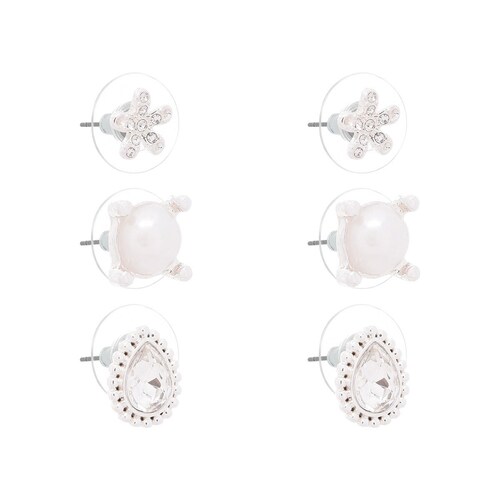 Set de 3 Aretes Plateados Tipo Botón con Cristal Color Claro Napier