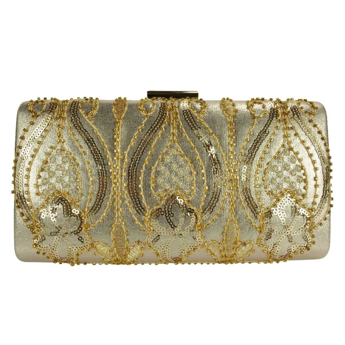 Cartera de Noche Dorada con Brillos Y Pedrería Huser para Dama