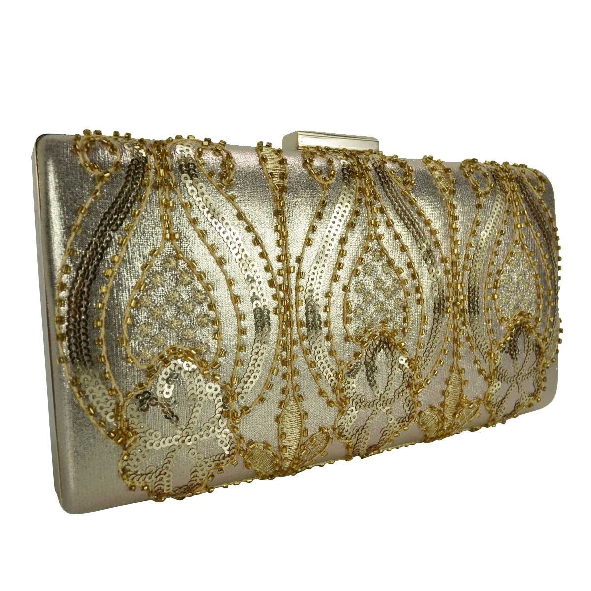 Cartera de Noche Dorada con Brillos Y Pedrería Huser para Dama