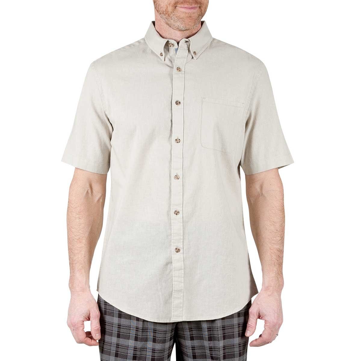 Camisa para Caballero Manga Corta Lisa Café Claro Mezcla de Lino Haggar