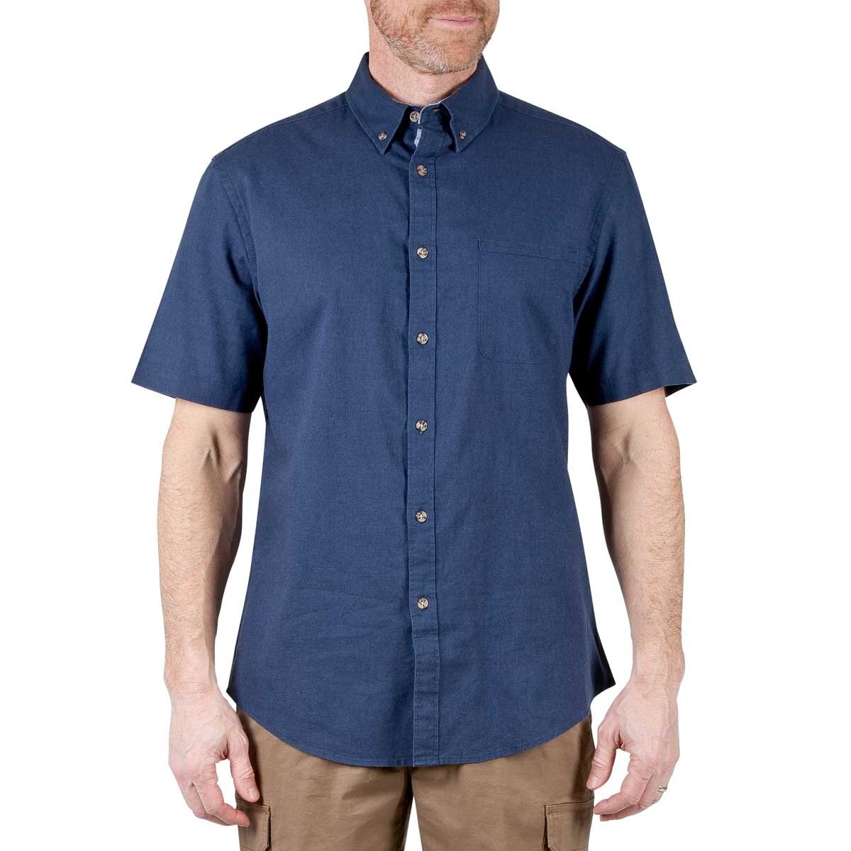 Camisa para Caballero Manga Corta Lisa Azul Obscuro Mezcla de Lino Haggar