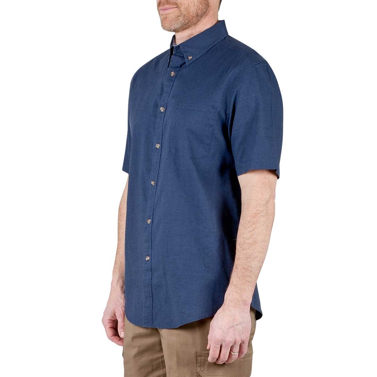 Camisa para Caballero Manga Corta Lisa Azul Obscuro Mezcla de Lino Haggar