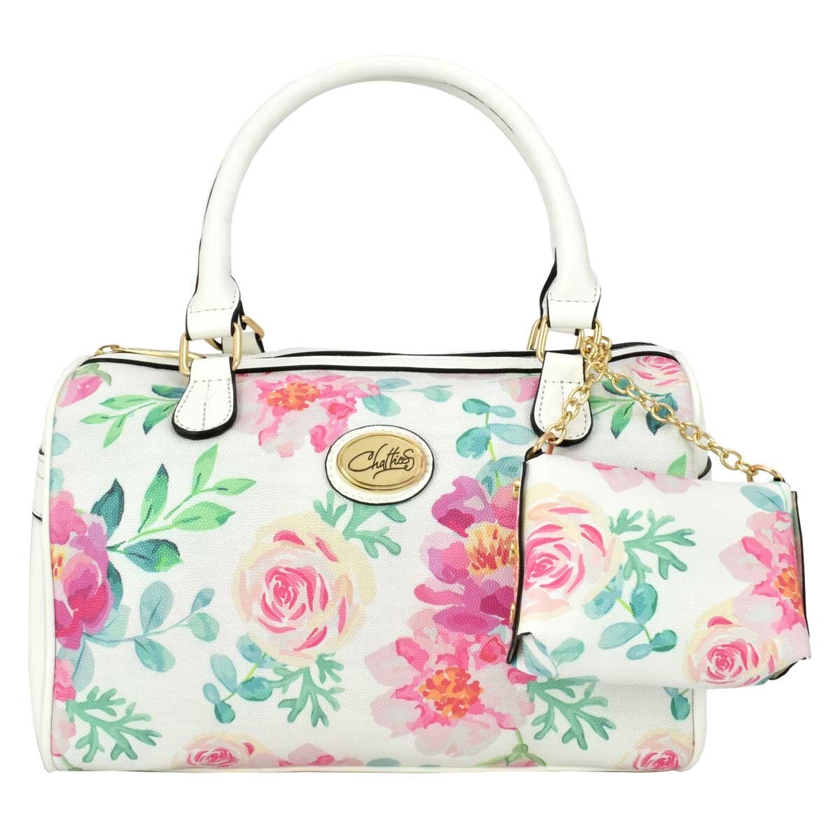 Bolso Bowler Blanco con Detalles Florales Y Monedero Chatties