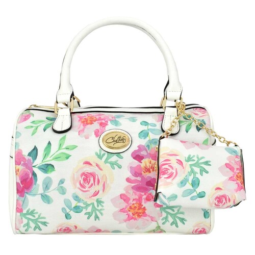Bolso Bowler Blanco con Detalles Florales Y Monedero Chatties
