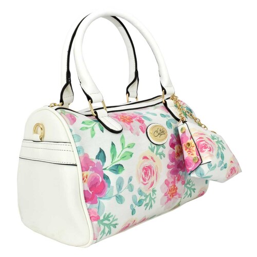 Bolso Bowler Blanco con Detalles Florales Y Monedero Chatties