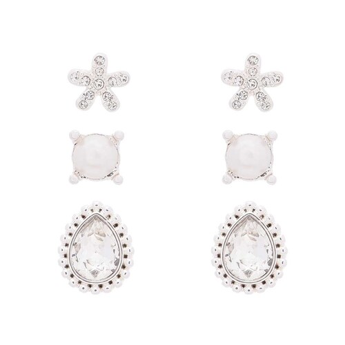 Set de 3 Aretes Plateados Tipo Botón con Cristal Color Claro Napier