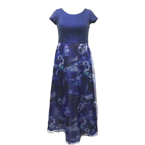 Vestido Azul Largo Organza Estampada Valentina Tossa