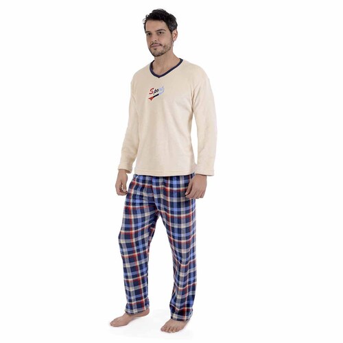 Pijama Playera Manga Larga Y Pantalón Beige con Cuadros Flanel para Caballero Star West Modelo 2558