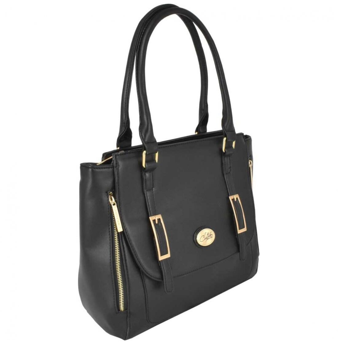 Bolso Satchel Negro con Correas Frontales Chatties