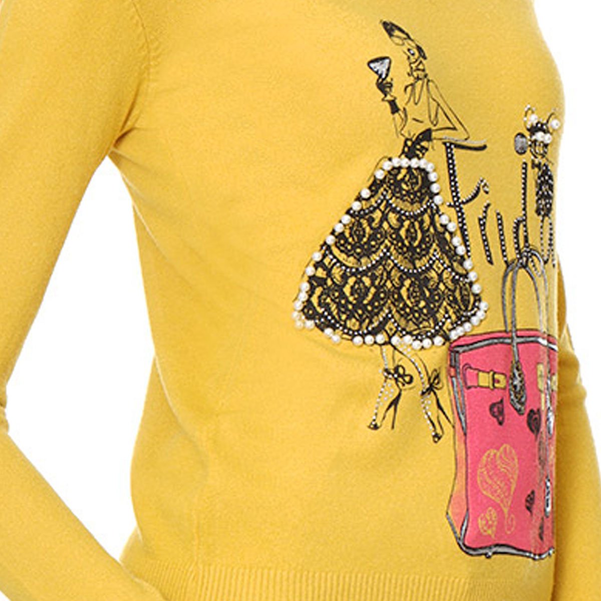 Suéter Cuello V Estampado con Pedrería Y Perlas Cafeina