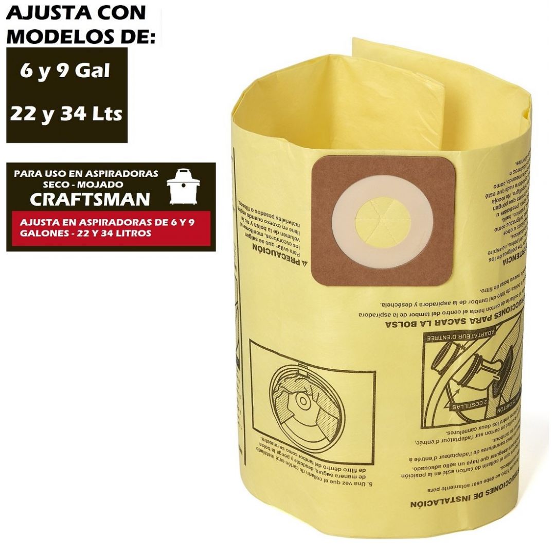 Bolsas para Polvo para Aspiradoras Craftsman de 6 y 9 Galones Mod. Cmxzvbe39970
