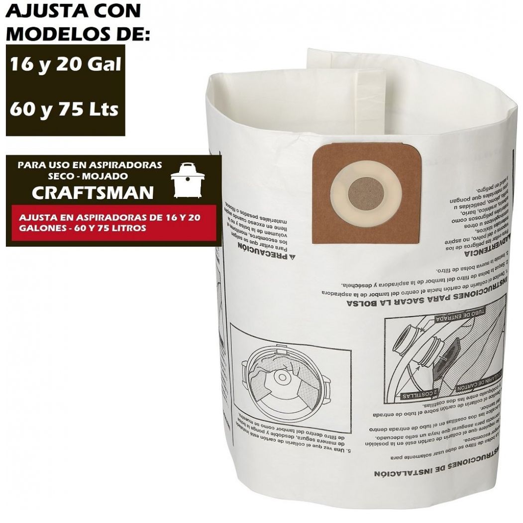 Bolsas para Polvo para Aspiradoras Craftsman de 16 y 20 Galones Mod. Cmxzvbe38750