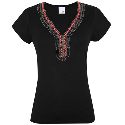 Playera Negra Cuello V Diseño Liso Elle para Mujer