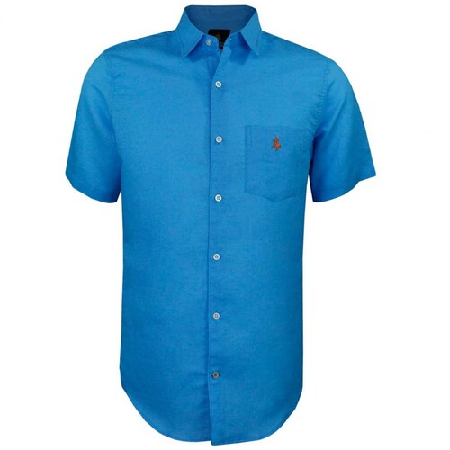 Camisa Manga Corta Lisa de Lino Azul para Caballero Polo Club Modelo Pl021