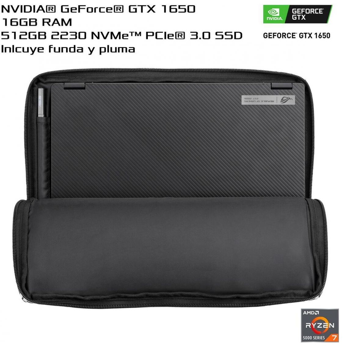 Laptop Gamer Asus Gv301Qh-K6054T R7 5Th 16G 512Ssd Flip Gtx 1650 Negro + Funda y Pluma