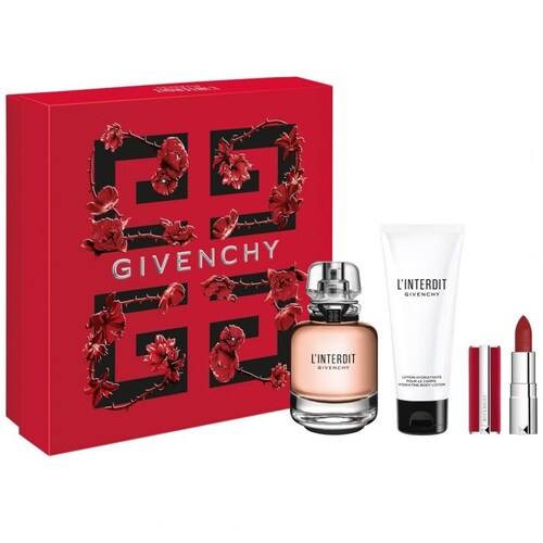 Estuche para Dama Givenchy,  L\'interdit Eau de Parfum 80 Ml +  Crema Perfumada Corporal Hidratante 75Ml  +  Labial Le Rouge Deep Velvet Mini