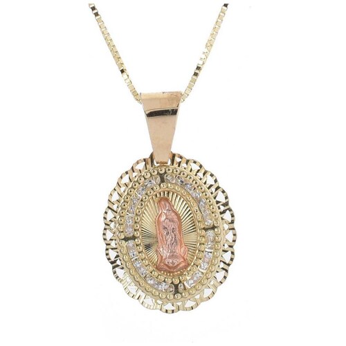 Medalla Oro 14K Ovalada Virgen con Circonias Doble o