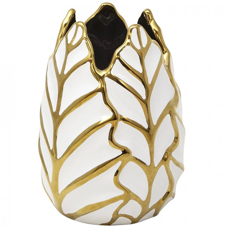 Florero Hoja Cerámica 7.75 Blanco Dorado Sagebrook