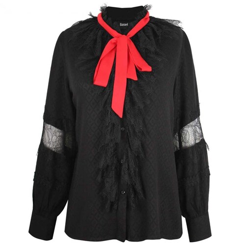 Blusa Cuello Mao Diseño Liso Negro con Corbatín Basel para Mujer