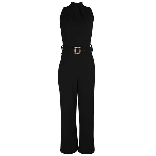 Jumpsuit Cuello Mao Diseño Liso Negro con Cinturón Basel para Mujer