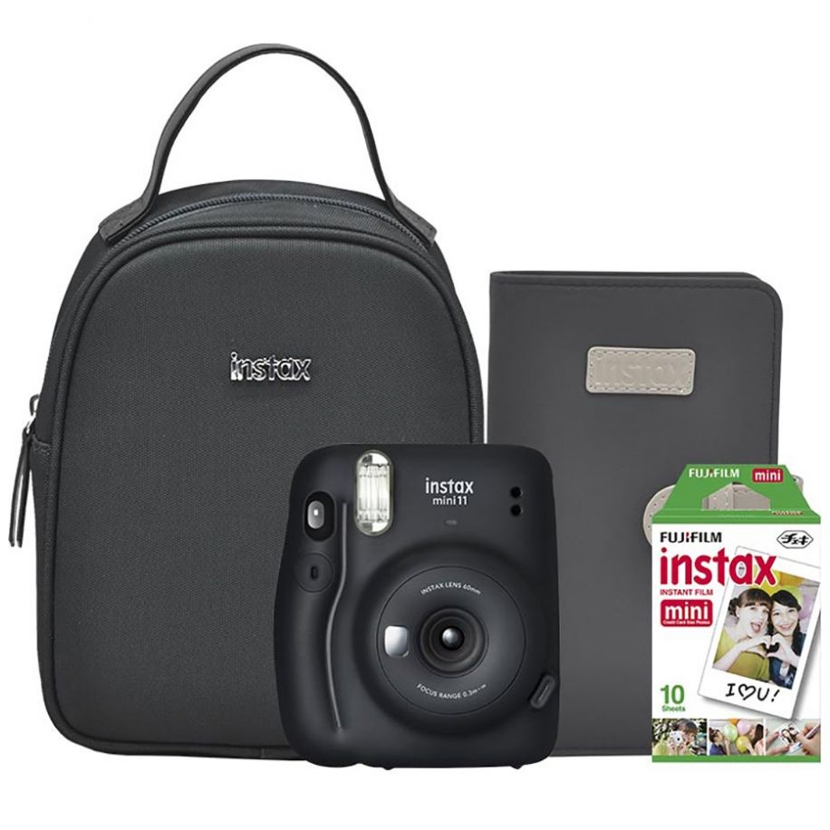 Paquete Instax Mini 11 Negra+ Albúm + Mochila + Single Pack Película