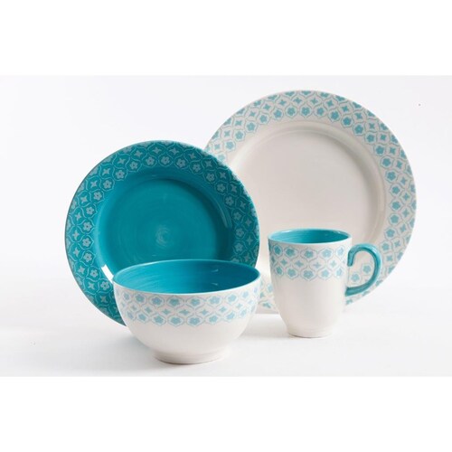 Vajilla Cottage Chic de 16 Piezas  de Cer&aacute;mica Azul Pintada Mano Gibson Home