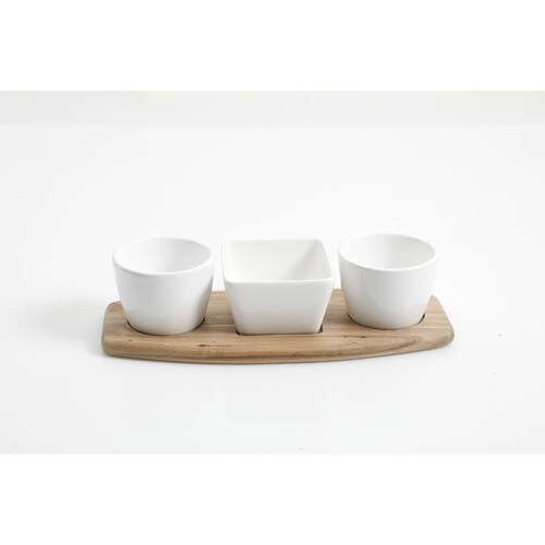 Set 3 Botaneros Gracious Dining de Cerámica Blanca con Base de Madera Gibsonnelite
