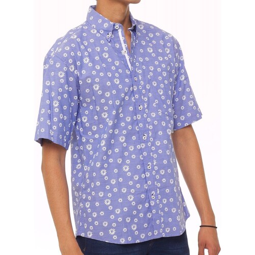 Camisa para Hombre Azul con Flores Manga Corta Cavalatti