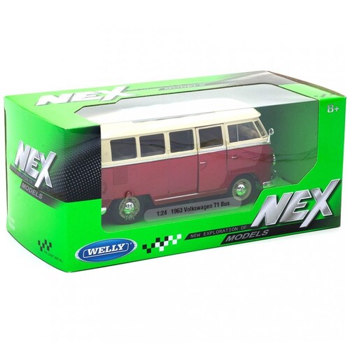 Carro Clásico de Colección 1963 Volkswagen T1 Bus, Light Red 1:24 Welly
