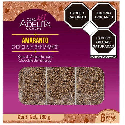 Barra de Amaranto Sabor Chocolate Semiamargo 150 G  Casa Adelita Gourmet