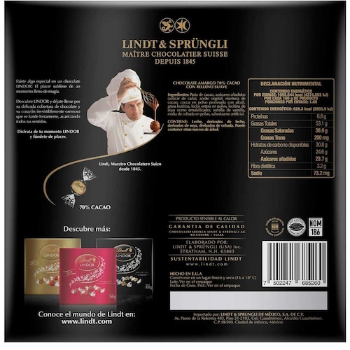 Caja de Chocolates Lindt 70% Cacao 168G