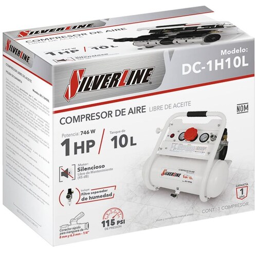Compresor Silverline Libre de Aceite 1Hp Tanque 10Lt. Horizon