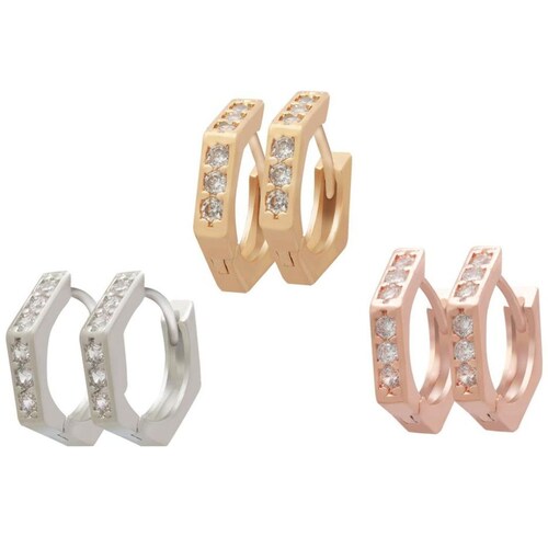 Set Huggies Hexágono Circonias Blancas Baño Oro 24 Kilates Gold Wishes