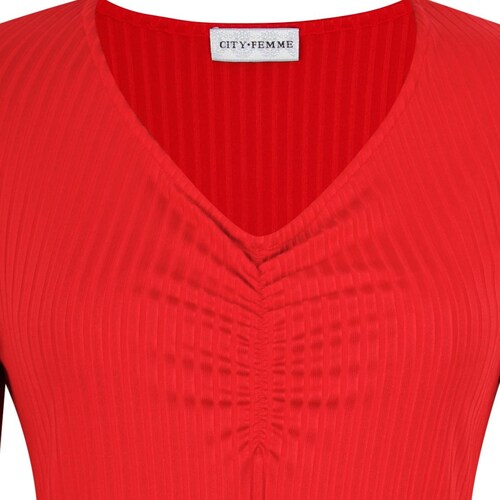 Blusa City Femme Manga Larga Cuello V Diseño Liso de Tejido Rib