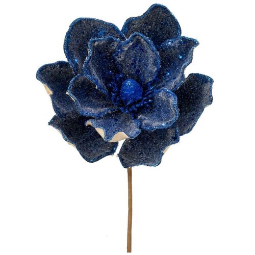 Flor Artificial de Magnolia Bolitas Y Lentejuela Azul 55 Cm