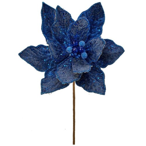 Flor Artificial de Nochebuena Bolita Y Diamantina Azul 55 Cm