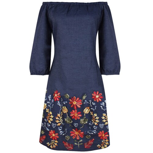 Vestido Basel Manga 3/4 Cuello off Shoulder Diseño Denim Bordado