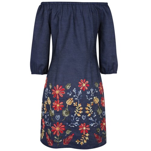 Vestido Basel Manga 3/4 Cuello off Shoulder Diseño Denim Bordado