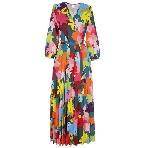 Vestido Elle Manga Tres Cuartos Cuello V Diseño Estampado de Flores Multicolor