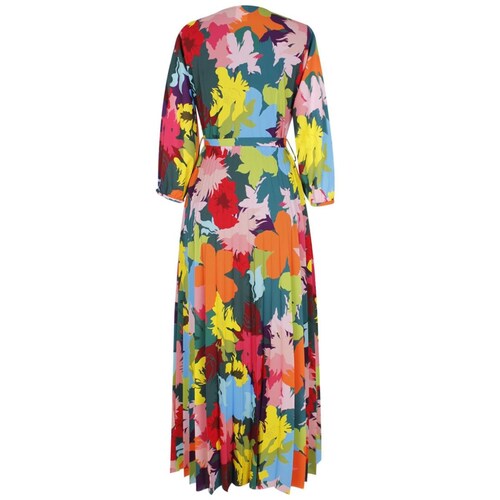 Vestido Elle Manga Tres Cuartos Cuello V Diseño Estampado de Flores Multicolor