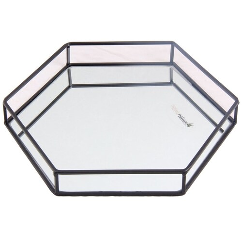 Home Nature Charola Decorativa de Metal Y Vidrio Forma Hexagonal Color Negro 30*26*4 Cm