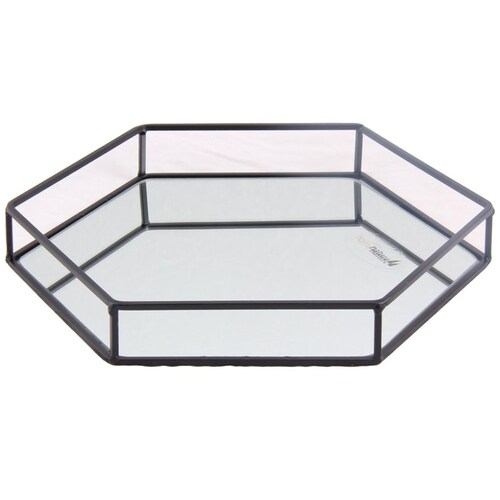 Home Nature Charola Decorativa de Metal Y Vidrio Forma Hexagonal Color Negro 30*26*4 Cm