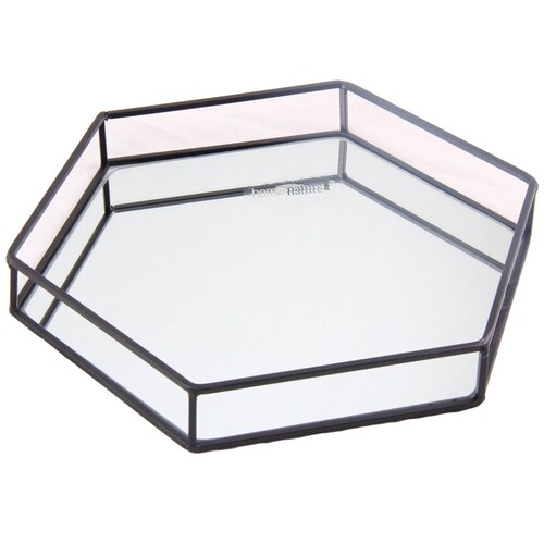 Home Nature Charola Decorativa de Metal Y Vidrio Forma Hexagonal Color Negro 30*26*4 Cm