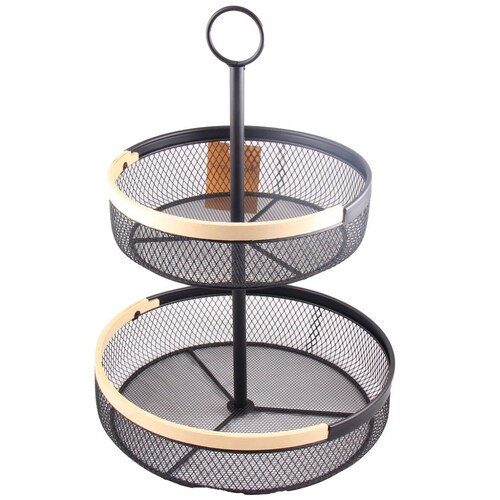 Home Nature Frutero de Metal New York 2 Niveles Color Negro con Bordes de Madera 32.5*32.5*46.5 Cm