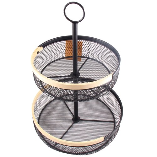 Home Nature Frutero de Metal New York 2 Niveles Color Negro con Bordes de Madera 32.5*32.5*46.5 Cm