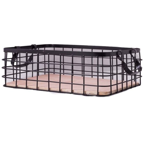 Home Nature Canasta de Metal Grande  Negro con Base de Madera 37*26*12.3 Cm